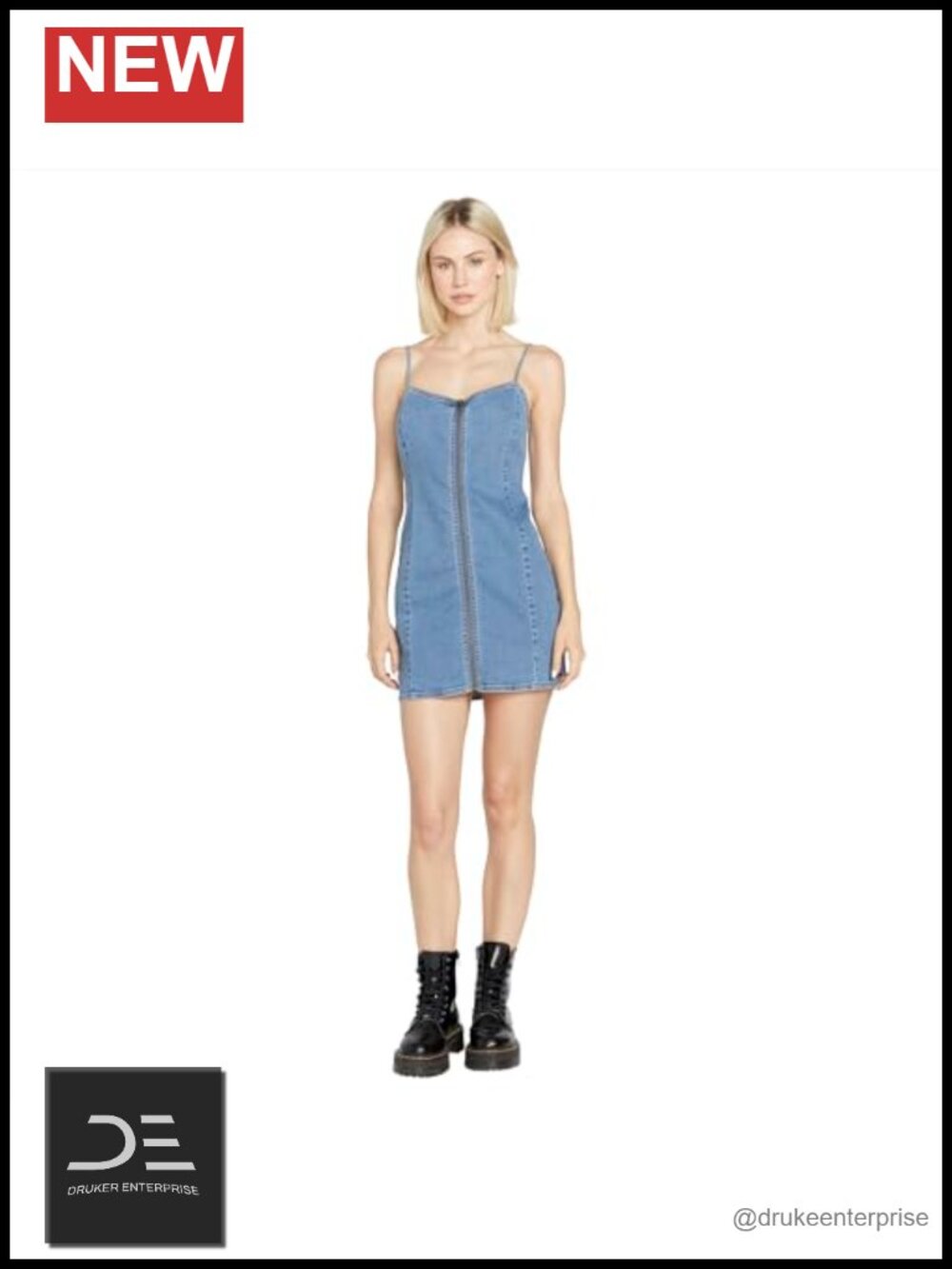 Zip Front Fitted Denim Dress Princess Seams Spaghetti Straps Casual